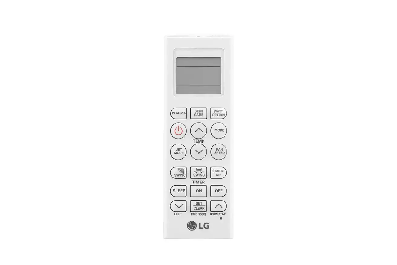 Biały pilot do klimatyzatora LG Dual Inverter. Instrukcja obsługi pilota zawiera przyciski do sterowania temperaturą, trybami pracy (Jet Mode, Mode, Fan Speed) i funkcjami (Plasma, Skin Care, Watt Option, Swing, Sleep, Timer).