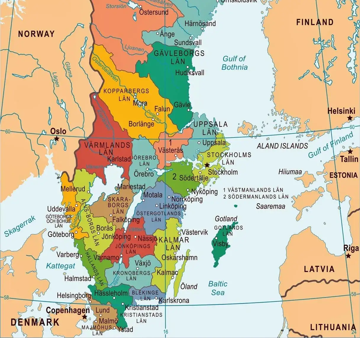 Mapa Szwecji w Europie z sąsiadami i Bałtykiem