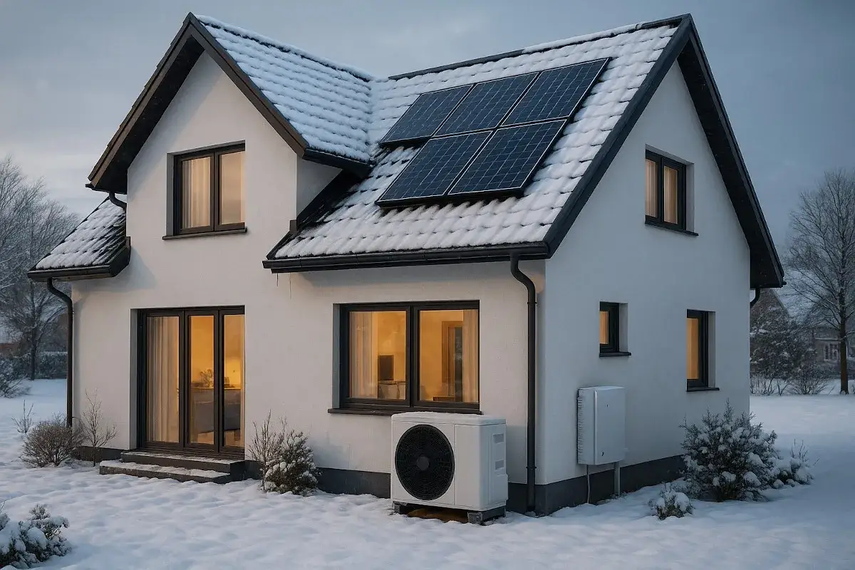 Nowoczesny dom z panelami słonecznymi i pompą ciepła. Dofinansowanie do ogrzewania elektrycznego może pom&oacute;c w pokryciu koszt&oacute;w takiej inwestycji.