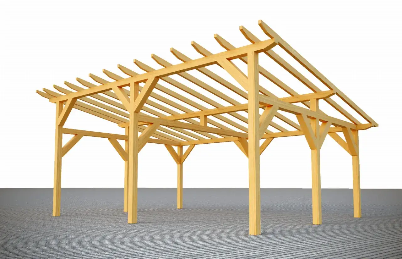 Drewniana konstrukcja wiaty z dachem jednospadowym, gotowa do budowy.