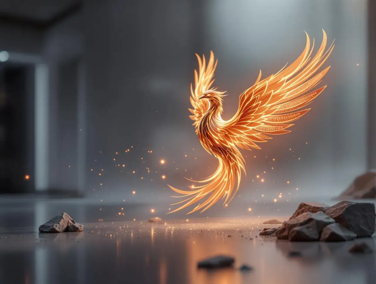 Ognisty feniks, symbol odrodzenia, unosi się w blasku, jak feniks z popiołów, co to znaczy – nadzieja po trudach.