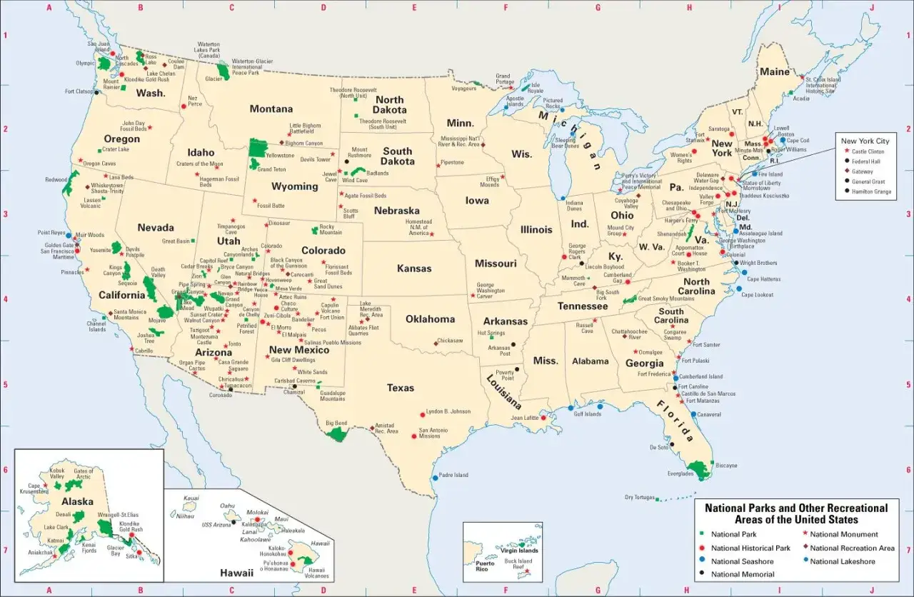 Mapa USA z zaznaczonymi parkami narodowymi i dużymi miastami