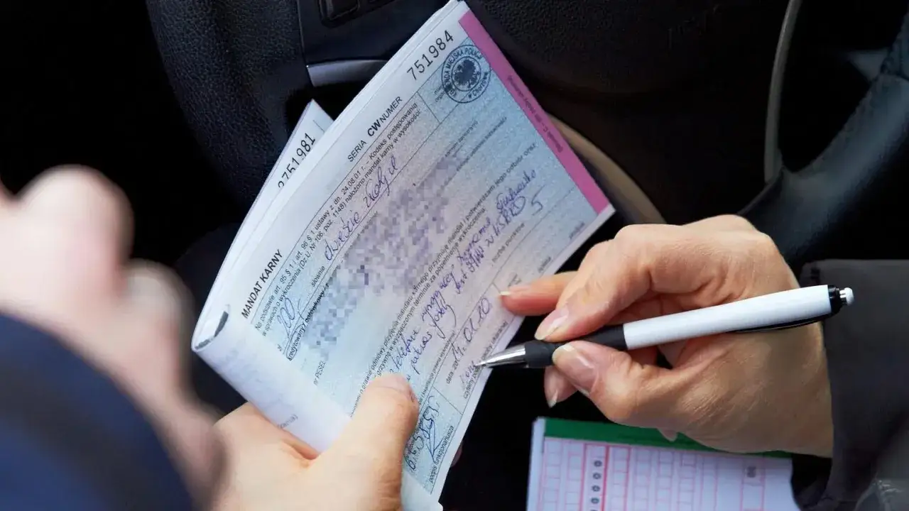 Ręce wypełniają mandat karny. Czy sąd daje punkty karne? Na dokumencie widać rubrykę 