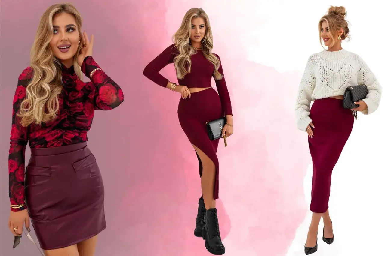 Eleganckie stylizacje w kolorze burgundowym dla każdej kobiety. Sp&oacute;dnice i bluzki podkreślające sylwetkę.