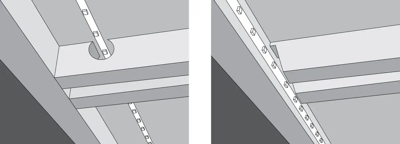 Ilustracje pokazują dwa rodzaje taśm LED: jedną wpuszczaną w frez, drugą montowaną natynkowo.