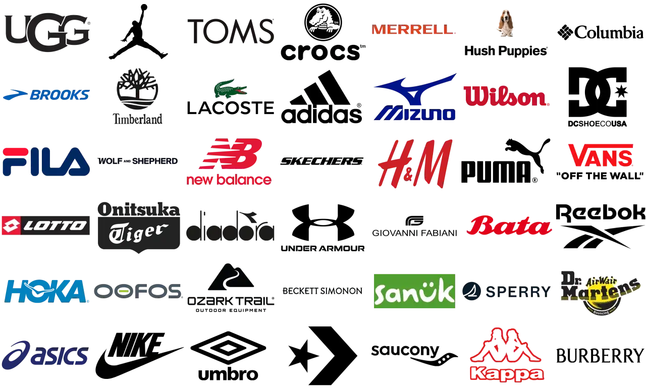 Kolekcja znanych marek obuwia: UGG, Brooks, Fila, Lotto, Hoka, Asics, Nike, Toms, Crocs, Merrell, Timberland, New Balance, Onitsuka Tiger, Diadora, Under Armour, Mizuno, H&M, Wilson, Vans, Bata, Reebok, Ozark Trail, Sanuk, Sperry, Dr. Martens, Kappa.