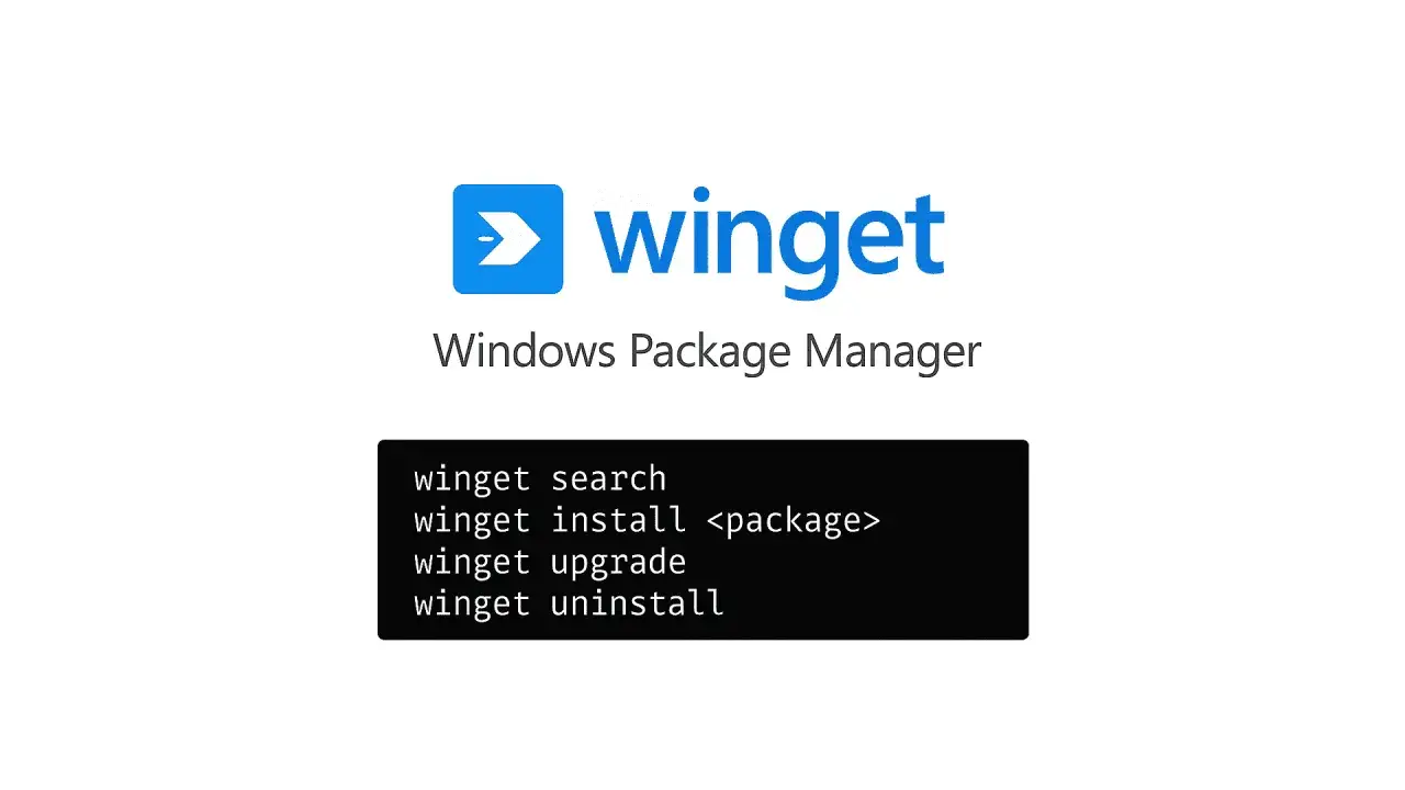 Logo winget, Windows Package Manager. Komendy: winget search, winget install <package>, winget upgrade, winget uninstall. Jak zainstalować przeglądarkę bez przeglądarki? Użyj winget!