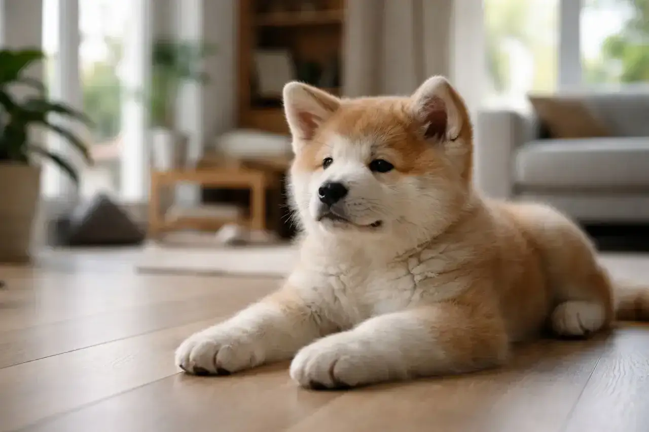 Uroczy szczeniak rasy Akita Inu leży na drewnianej podłodze. Zastanawiasz się, ile kosztuje Akita?