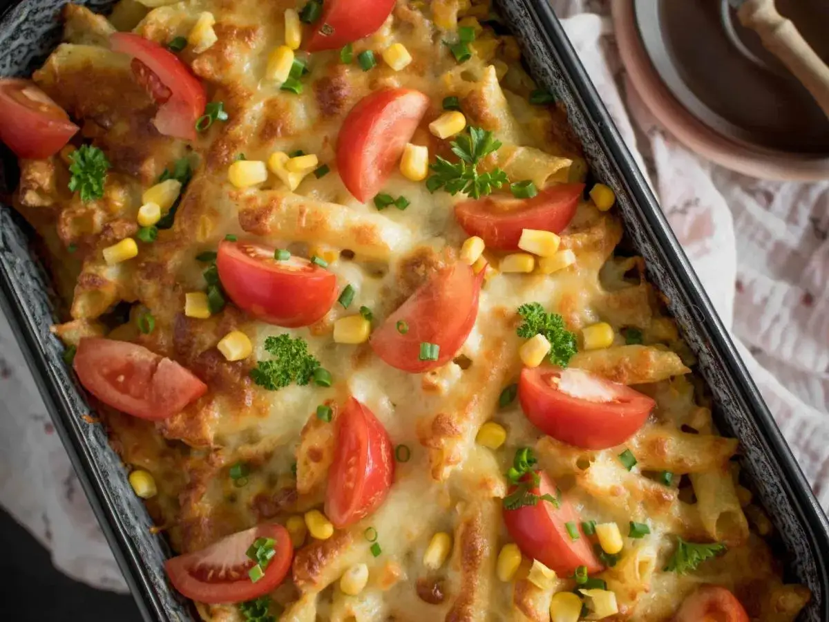 Zapiekanka z makaronu nitki z kukurydzą i pomidorami, posypana serem. Idealny pomysł, co zrobić z ugotowanego makaronu nitki.