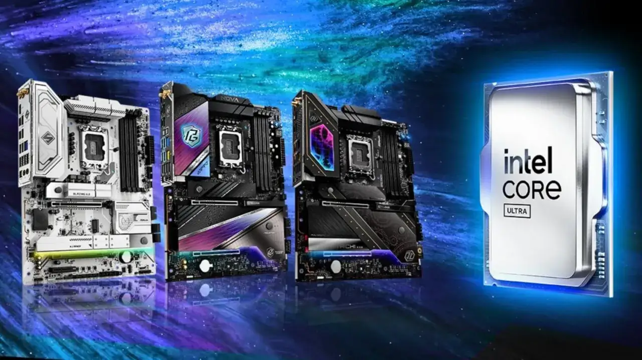 Trzy futurystyczne płyty główne obok procesora Intel Core Ultra, zapowiadające erę Intel Arrow Lake.