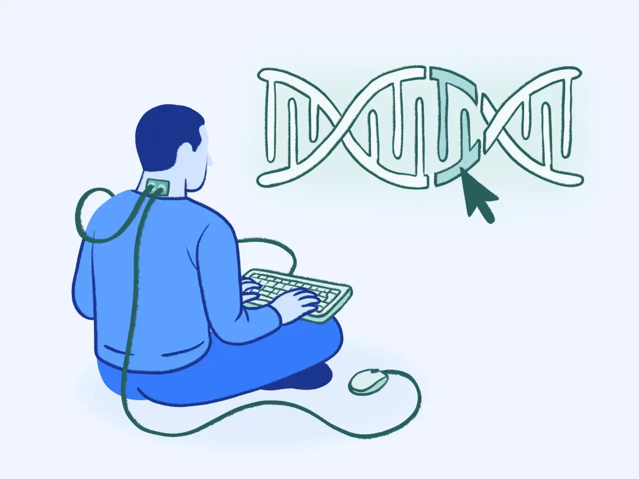 Człowiek z kablami podłączonymi do karku, siedzi przy klawiaturze, manipulując kursorem na ekranie z DNA. To wizualizacja, jak działa biohacking.