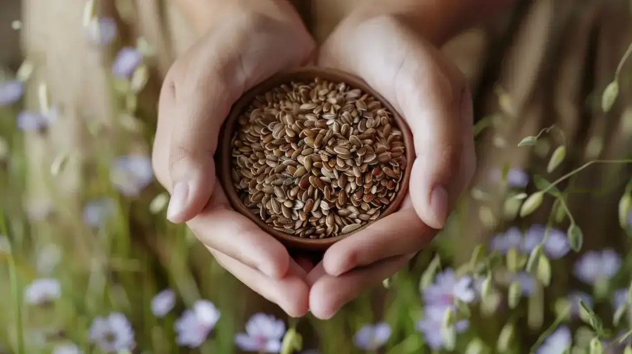 Dłonie trzymają miseczkę z nasionami lnu. Warto znać olej lniany przeciwwskazania, by korzystać z jego dobrodziejstw bezpiecznie.