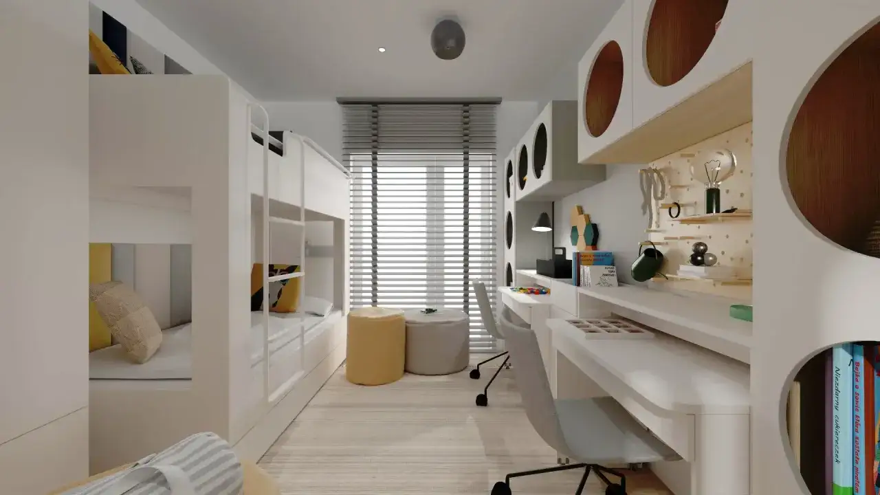 Funkcjonalna zabudowa wąskiego pokoju dziecięcego: piętrowe ł&oacute;żko, dwa biurka i p&oacute;łki.