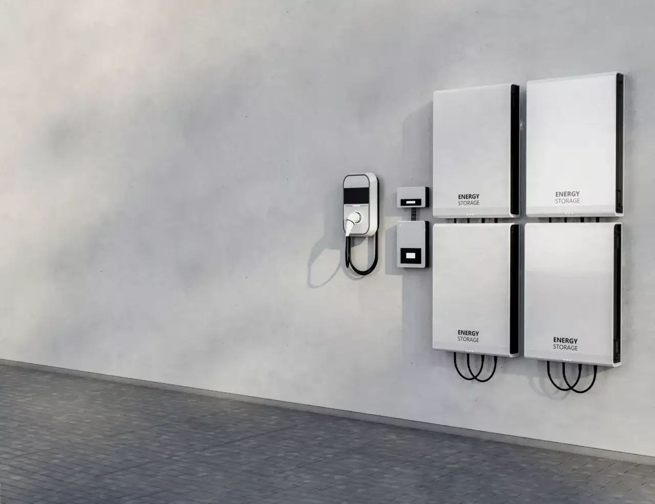 Nowoczesny domowy magazyn energii z ładowarką do pojazdów elektrycznych na betonowej ścianie.