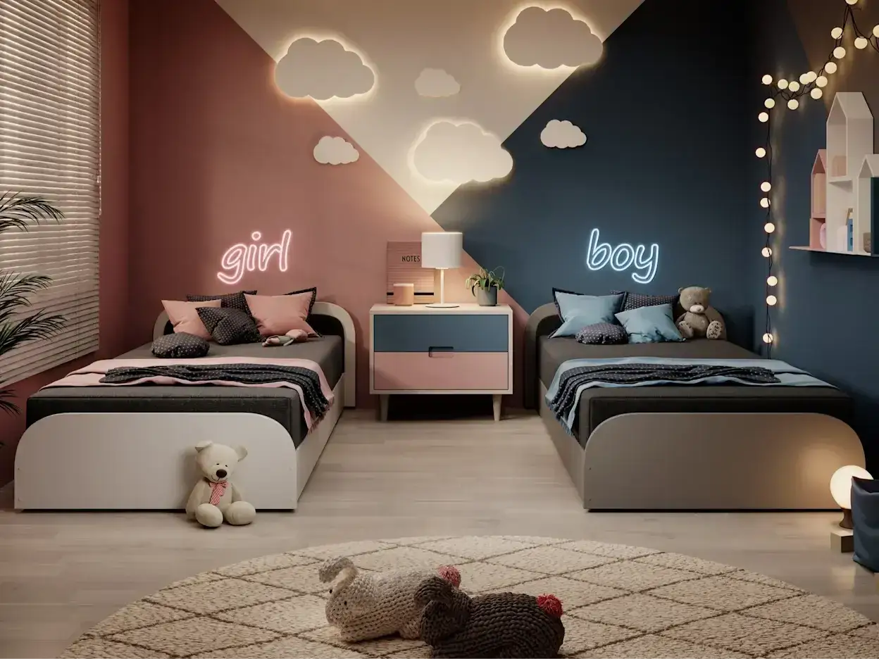 Uroczy mały pokój dla rodzeństwa w bloku. Dwa łóżka, różowa ściana z napisem 