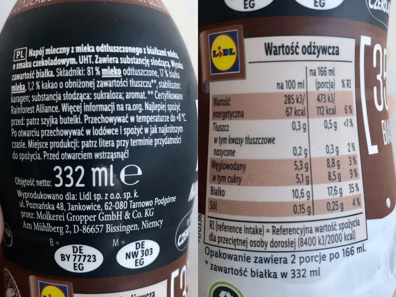 Napoje proteinowe Pilos High Protein etykieta skład