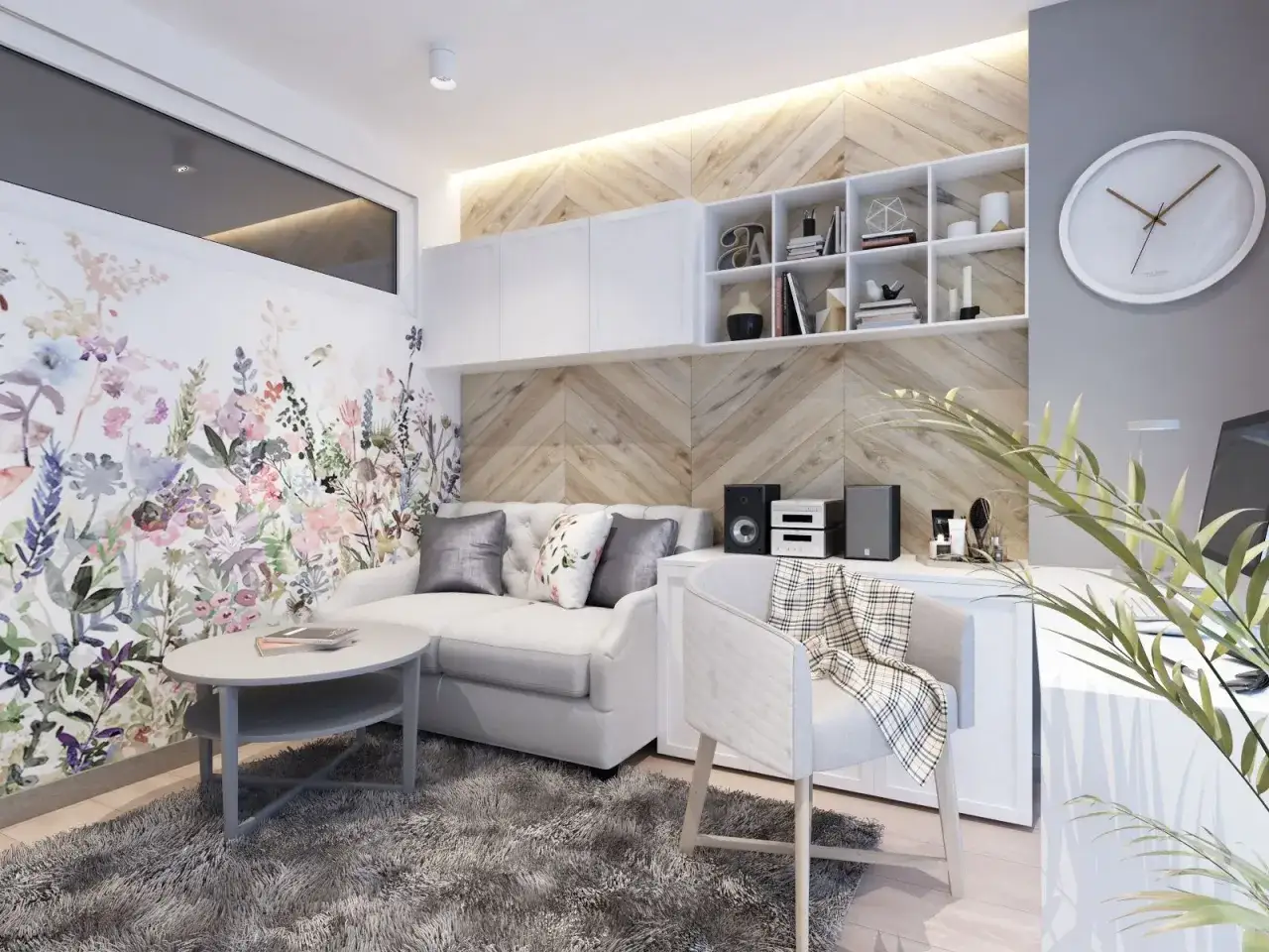 Pokój nastolatka inspiracje: przytulna sofa, dywan, kwiatowa tapeta i drewniane panele tworzą stylowe wnętrze.