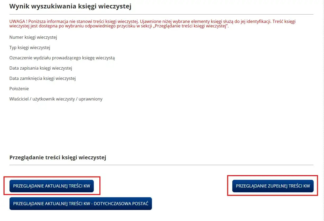 Wynik wyszukiwania księgi wieczystej. Dowiedz się, jak czytać księgę wieczystą, przeglądając jej aktualną lub pełną treść.
