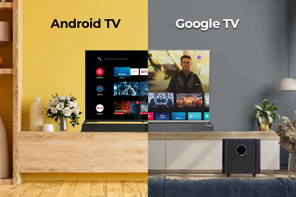 Por&oacute;wnanie interfejs&oacute;w Android TV i Google TV. Aplikacja Google TV oferuje spersonalizowane rekomendacje film&oacute;w i seriali.