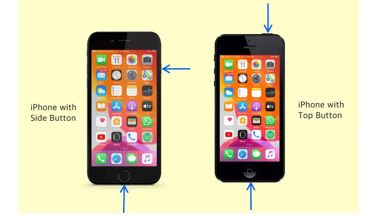 Dwa iPhone'y pokazują, jak zrobic zrzut ekranu w iPhone: na jednym przytrzymaj przycisk boczny, na drugim górny.