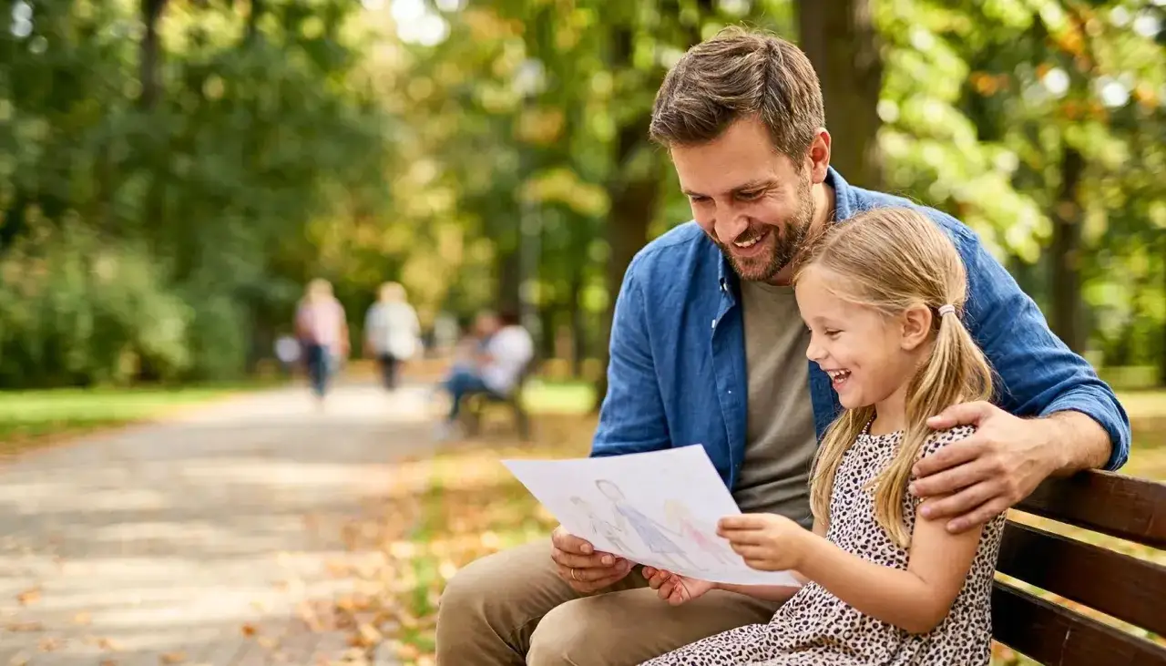 Szczęśliwy ojciec z córką oglądają rysunek. Ich prawa ojca do dziecka bez ślubu po rozstaniu są widoczne w tej radosnej chwili.