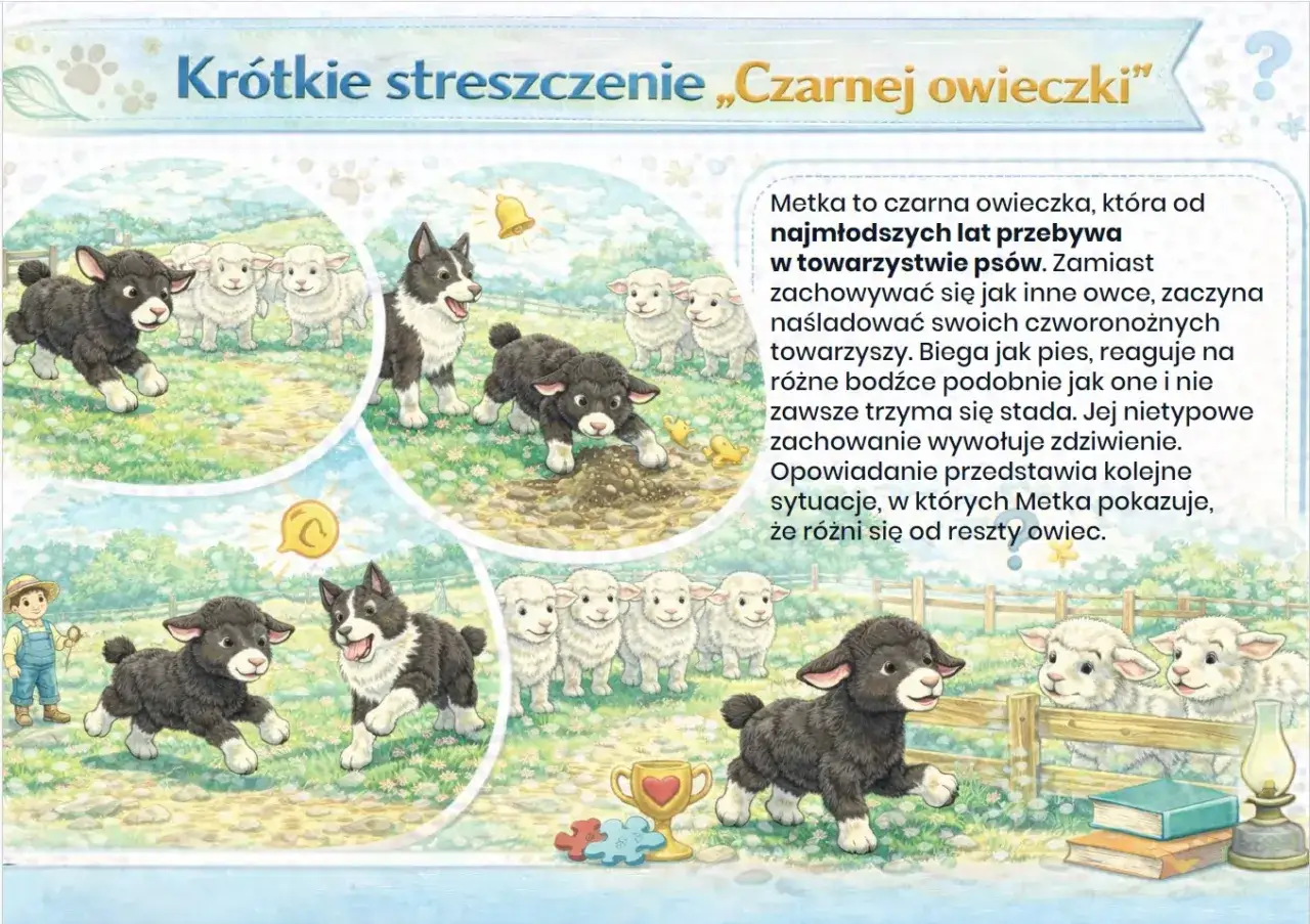 Kr&oacute;tkie streszczenie &bdquo;Czarnej owieczki&rdquo;: Metka, czarna owieczka, żyje wśr&oacute;d ps&oacute;w, naśladując ich zachowania. Biega jak pies, nie trzyma się stada, co budzi zdziwienie.