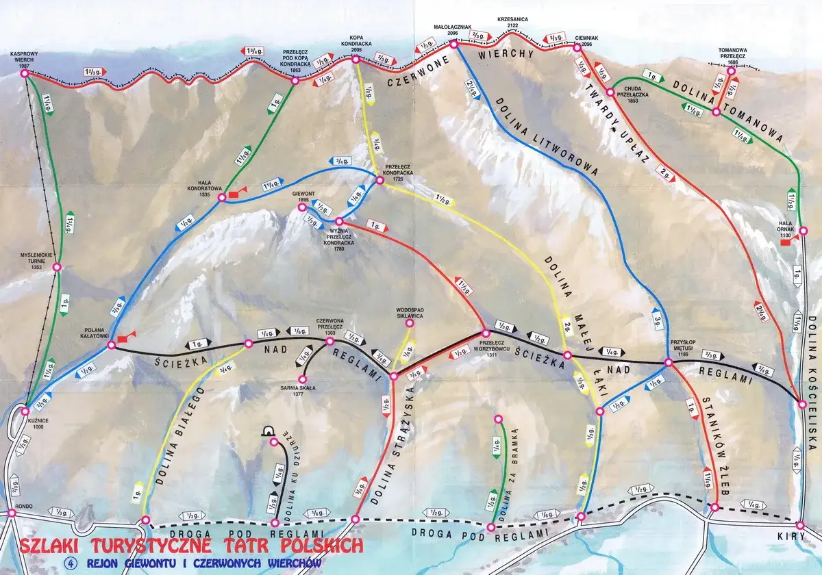 Mapa Tatr z zaznaczonymi szlakami. Kolory szlaków w Tatrach oznaczają różne trasy, np. czerwony to szlak główny.