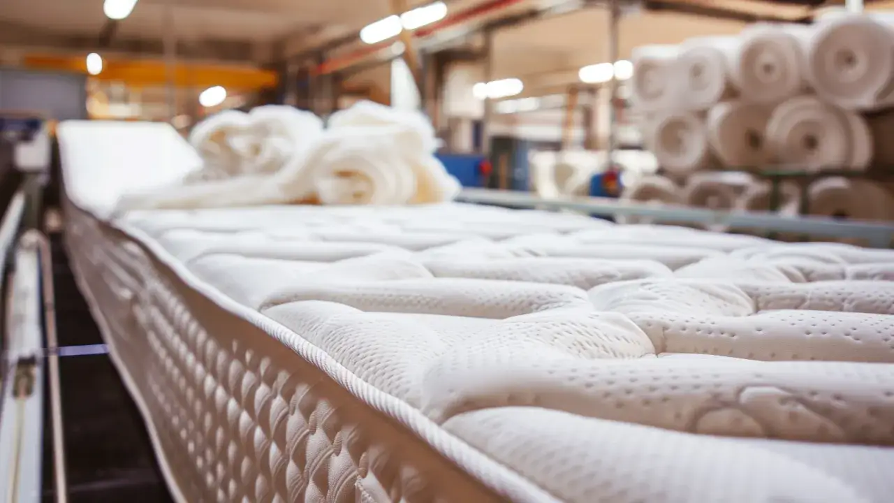Nowy materac na linii produkcyjnej. Czy materac może być zwinięty? Tak, ten jest gotowy do transportu.