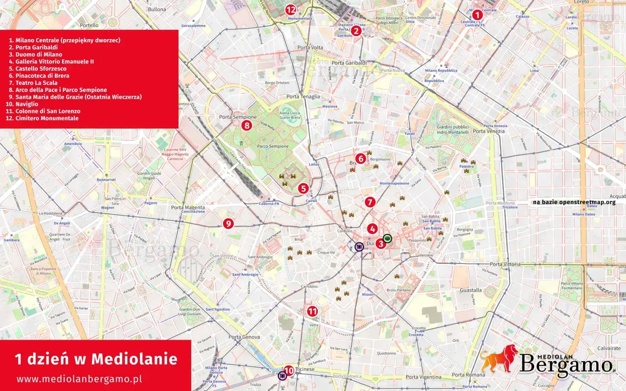 Co robić w Mediolanie? Mapa z zaznaczonymi atrakcjami: Duomo, Galleria Vittorio Emanuele II, Castello Sforzesco, Naviglio i inne.