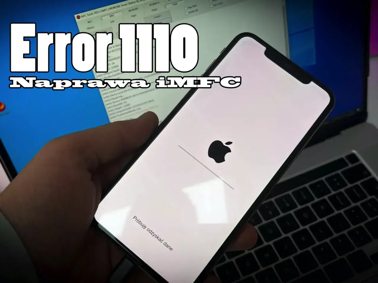 Naprawa błędu 1110 na iPhonie 8. Ekran ładowania z logo Apple i komunikatem 
