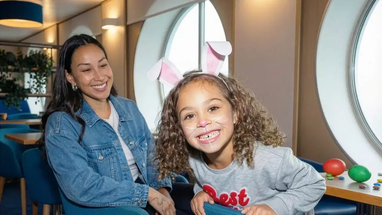 Uśmiechnięta dziewczynka z króliczymi uszami i malunkiem na twarzy cieszy się wielkanocnymi atrakcjami na pokładzie Stena Line.