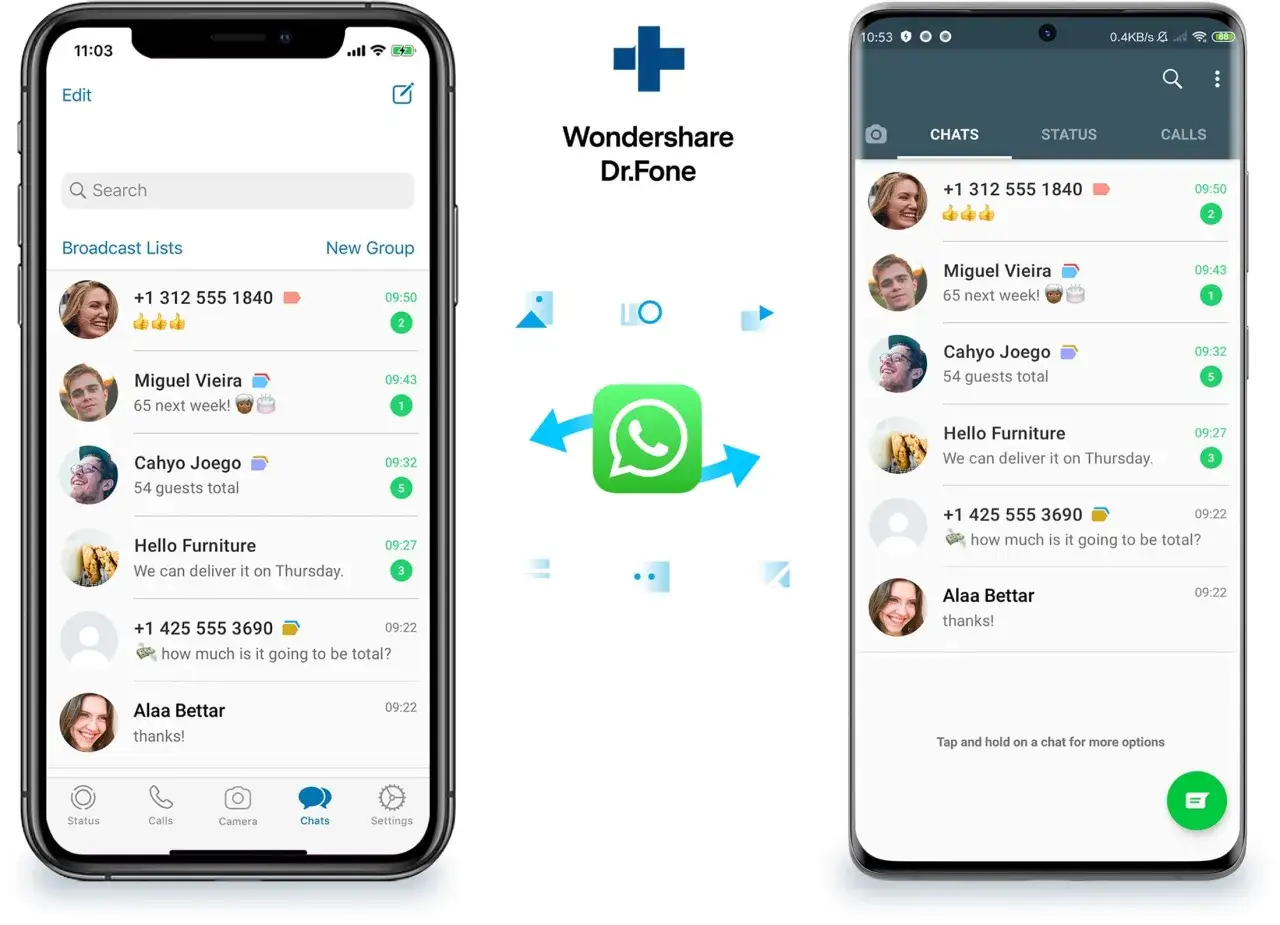 Jak przenieść czaty WhatsApp z Androida na iPhone? Aplikacja Wondershare Dr.Fone ułatwia ten proces, pokazując interfejsy obu telefonów.