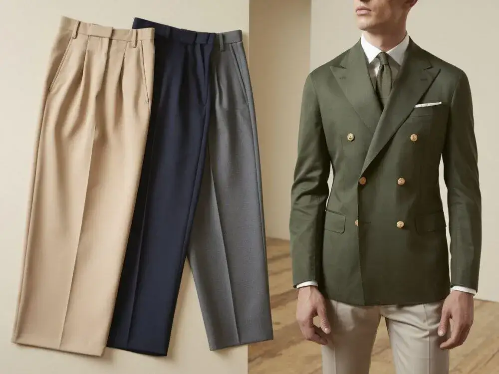 Mężczyzna w marynarce butelkowa zieleń i jasne spodnie, stylizacja smart casual