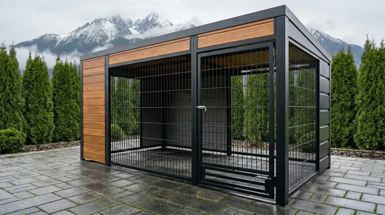 Nowoczesny kojec dla psa z drewnianymi elementami i widokiem na g&oacute;ry. Idealny dla dużego pupila, warto sprawdzić jakie wymiary kojca będą najlepsze.