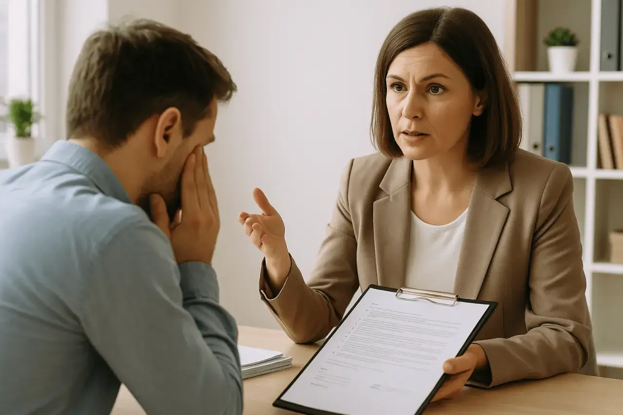 Kobieta doradza mężczyźnie w trudnej sytuacji finansowej. Rozmowa o oddłużaniu i czyszczeniu BIK zrób to sam.