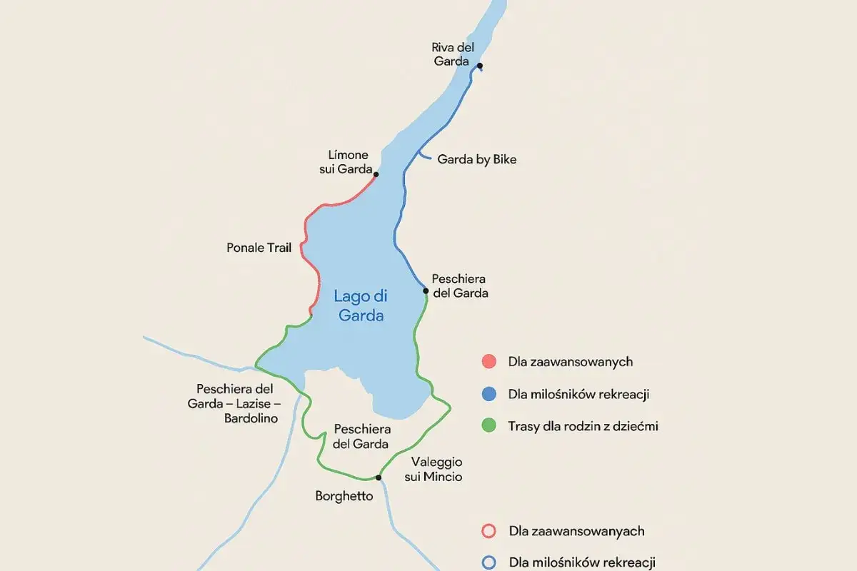 Mapa tras rowerowych wok&oacute;ł Lago di Garda, z zaznaczonymi szlakami dla zaawansowanych, rekreacyjnych i rodzinnymi. Odległe Bergamo jest punktem startowym dla podr&oacute;ży nad jezioro.