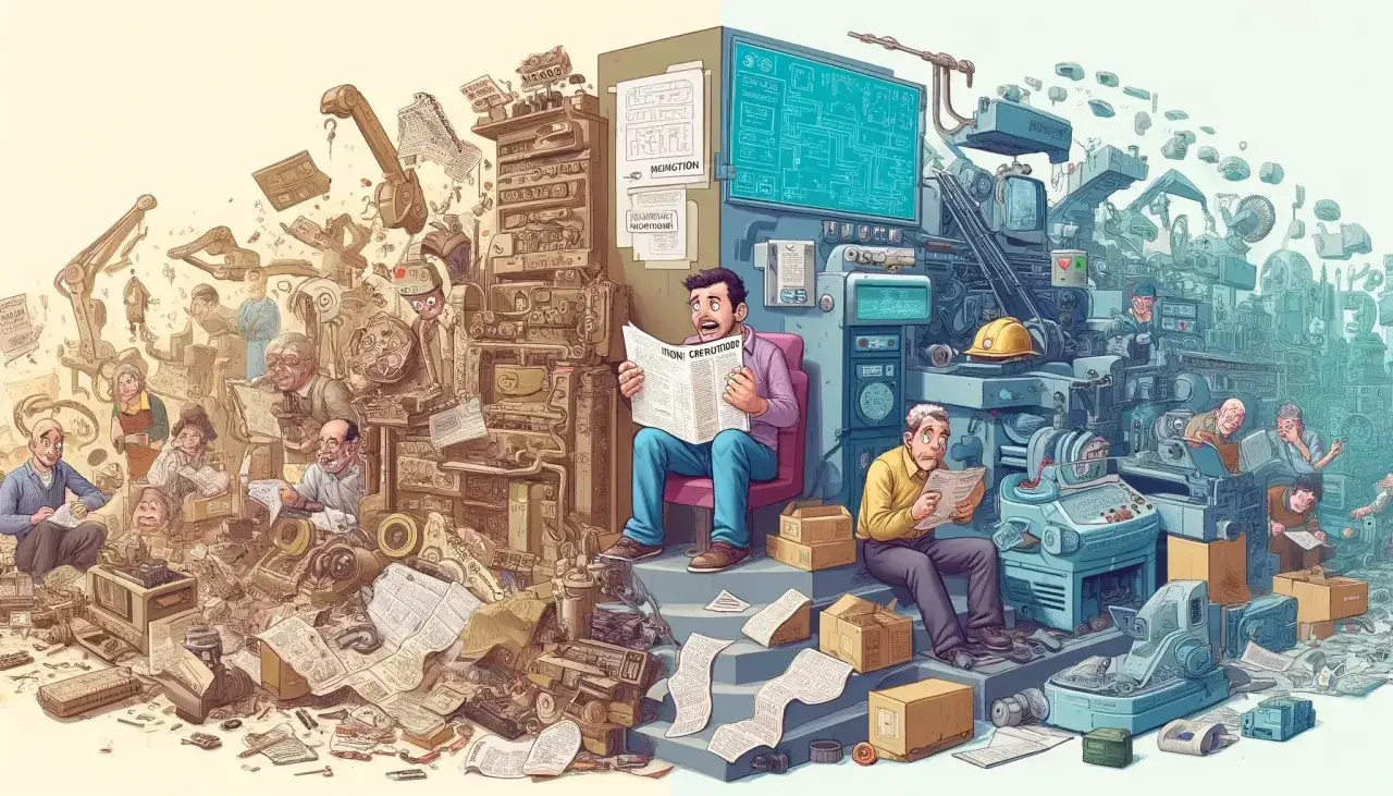 Chaos i porządek w fabryce. Po lewej stare maszyny i ludzie, po prawej nowoczesna technologia. Wszyscy czytają, jak napisać instrukcje obsługi.