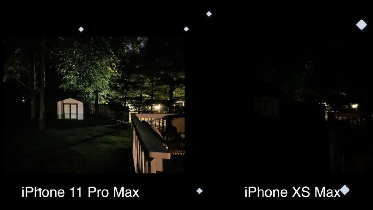 Porównanie zdjęć nocnych: iPhone 11 Pro Max uchwycił więcej szczegółów, podczas gdy iPhone XS Max pokazał ciemniejszy obraz.