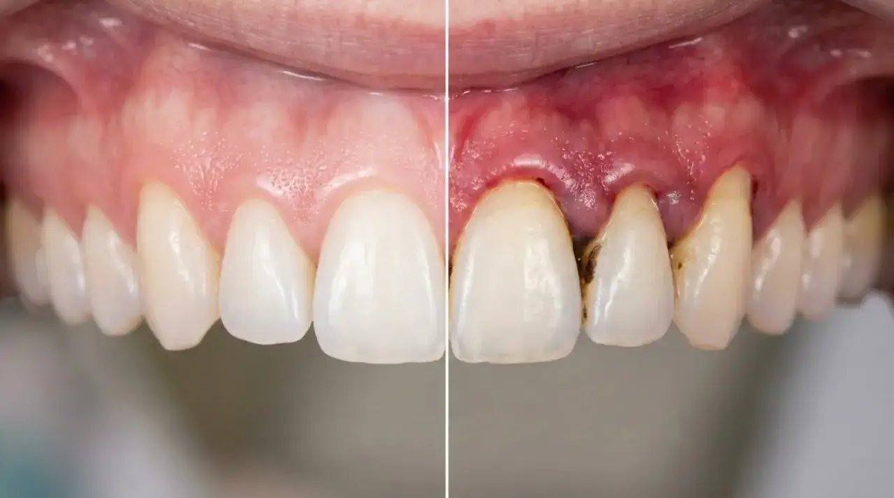 Porównanie zdrowych dziąseł i zębów z objawami paradontozy, która może być spowodowana zaniedbaniami higieny.
