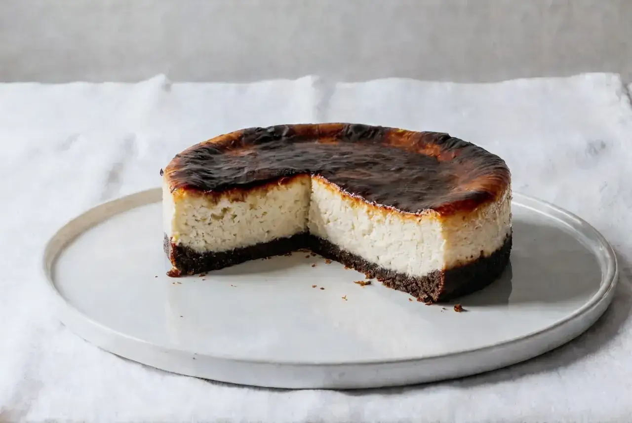 Sernik baskijski przepis: kremowy, lekko przypieczony sernik na ciemnym spodzie, z wyciętym kawałkiem.