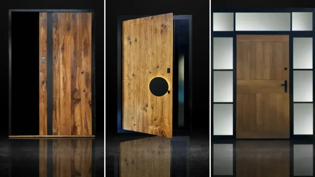 Nowoczesne wzory drzwi wewnętrznych drewnianych: masywne, z czarnymi wstawkami, z okrągłym podświetleniem i klasyczne z przeszkleniem.