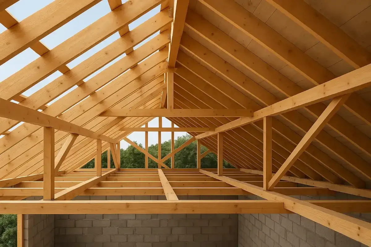 Drewniana konstrukcja dachu z widocznymi belkami i krokwiami. Określenie maksymalnej długości krokwi bez podparcia jest kluczowe dla stabilności.