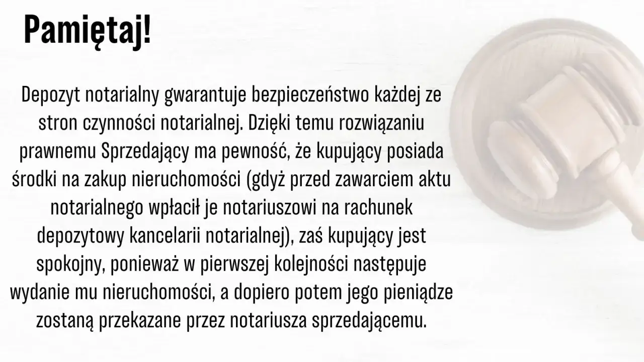 Depozyt notarialny chroni obie strony transakcji. Sprzedający ma pewność środków, kupujący – nieruchomości. Notariusz pilnuje, by wszystko przebiegło bezpiecznie.