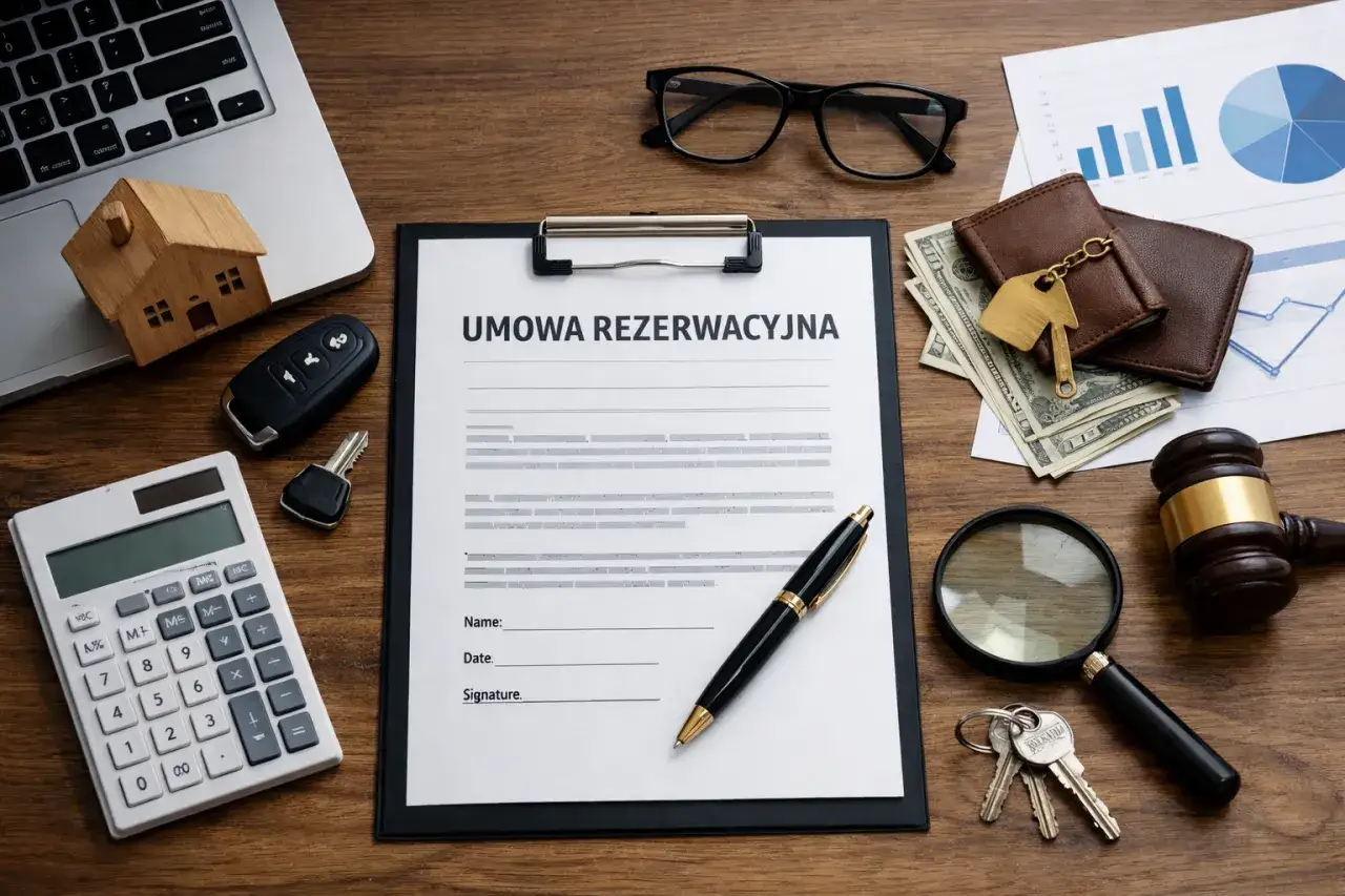 Na biurku leży umowa rezerwacyjna domu, klucze, pieniądze i kalkulator.