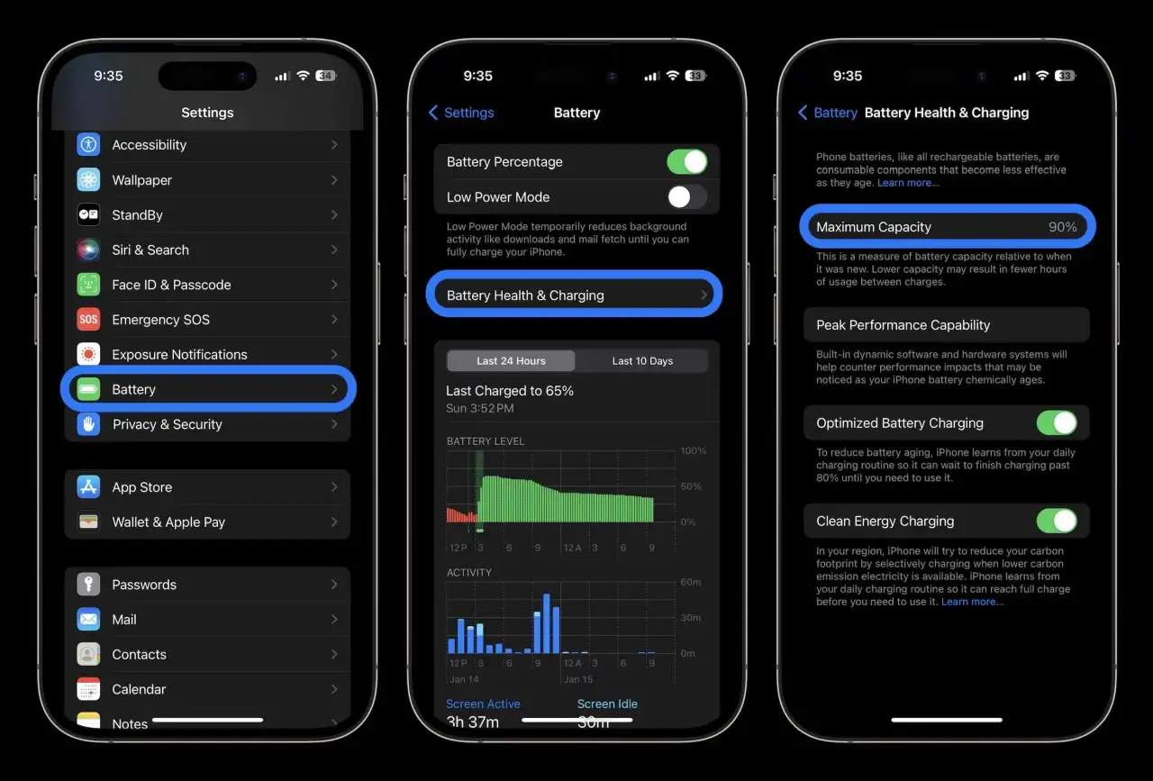 iPhone battery health settings screenshot