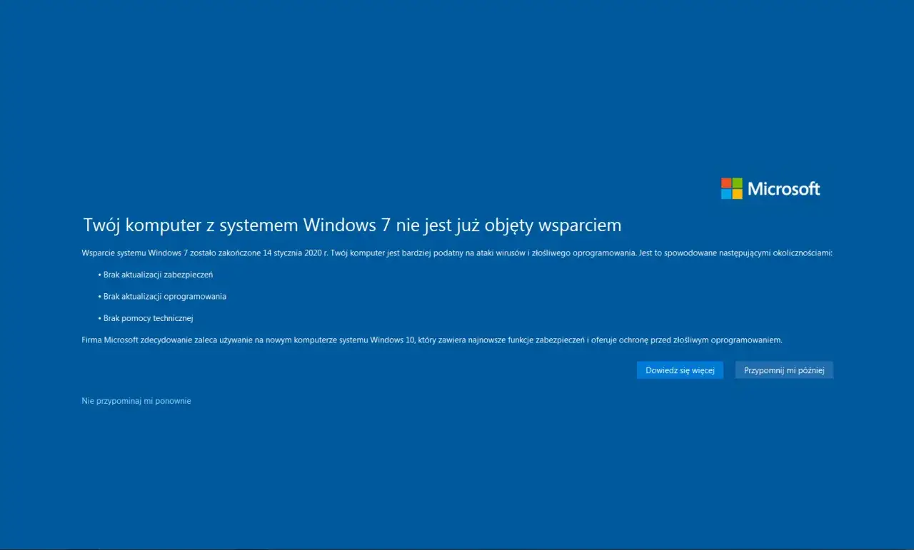 zagrożenia windows 7 brak wsparcia