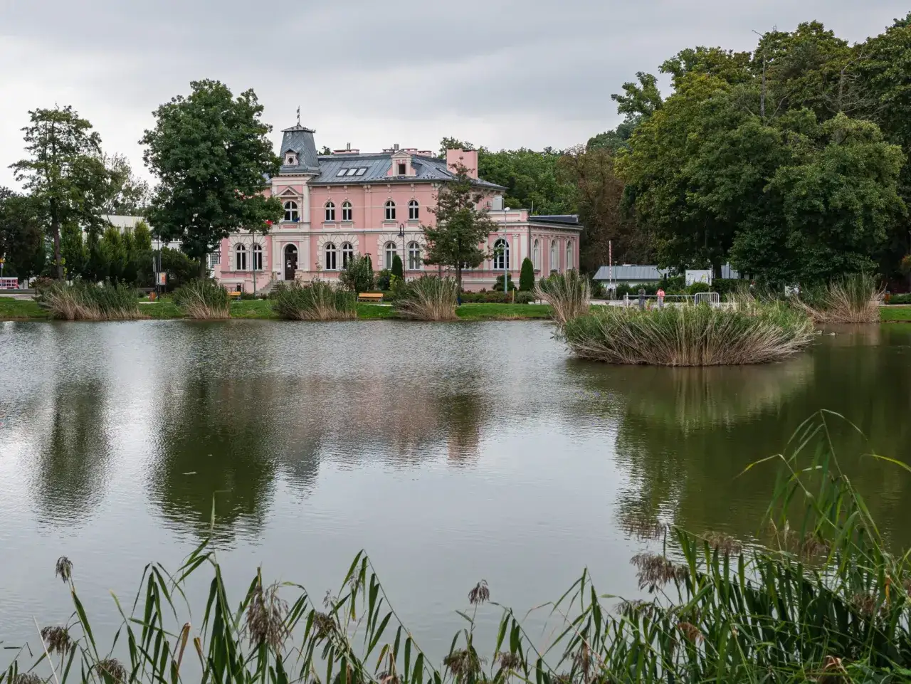 Różowy pałac nad jeziorem, jedna z pięknych trzebnica atrakcje. Woda odbija budynek i drzewa.