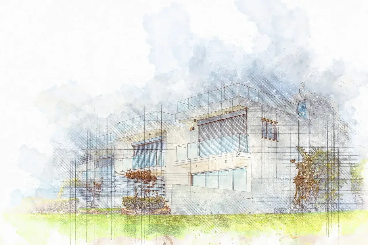 Szkic nowoczesnego domu z balkonami i ogrodzeniem ze szkła. Może to być wizualizacja przed podpisaniem aktu notarialnego na jednego z małżonków.