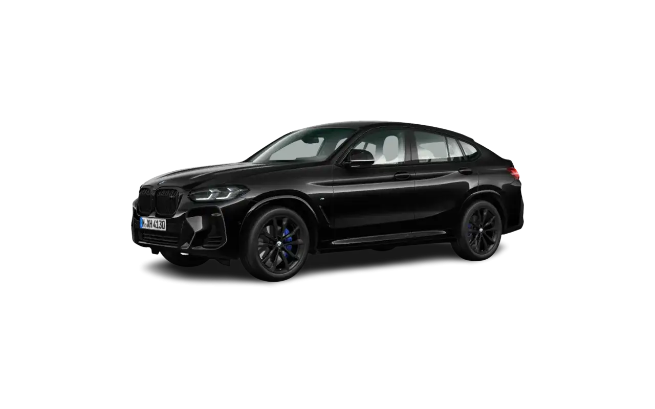 Elegancki czarny BMW X4 z niebieskimi zaciskami hamulcowymi. Sprawdź aktualną bmw x4 cena i dostępne konfiguracje.