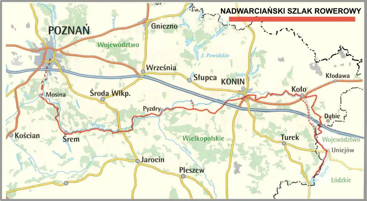 Mapa szlaku rowerowego w Wielkopolsce, prowadzącego przez Poznań, Śrem, Konin i dalej. Nadwarciański szlak rowerowy wzywa do odkrycia!